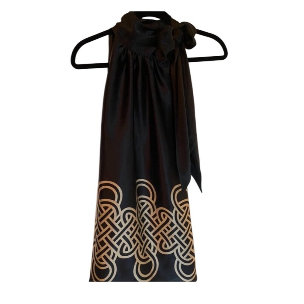 Banana Republic L Black & Tan 100% Silk Halter Top Tie Neck Geometric Pattern